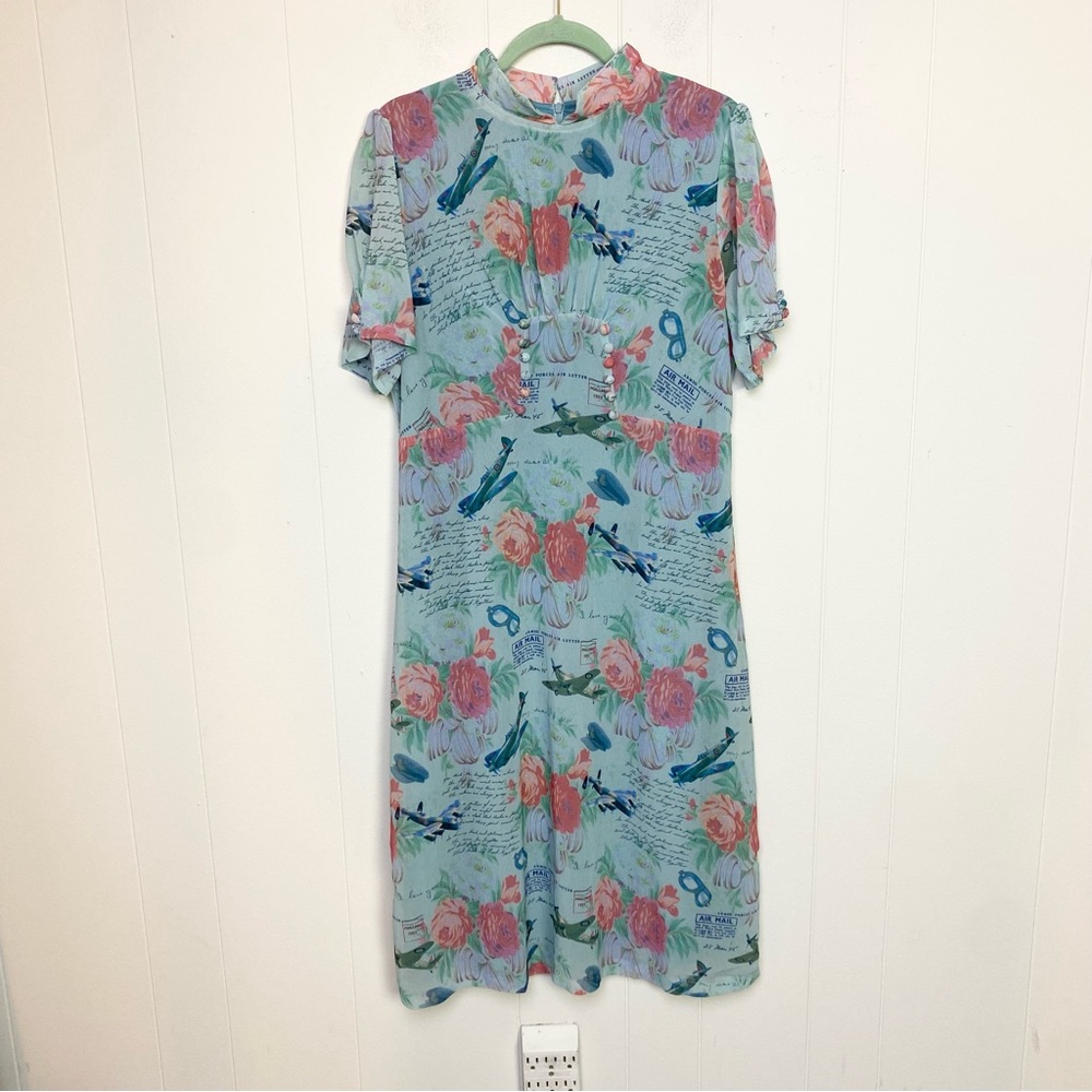 NWT Lindy Bop Retro Amelia Dress Mint Planes Floral Size US 12 Love Letters Blue - Picture 2 of 16